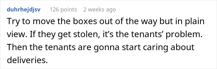 Text exchange about shopaholic tenants causing issues with deliveries in the basement.