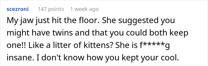 Text comment about a wild plan for SIL to carry a future baby, with a shocked reaction. Text comment about a wild plan for SIL to carry a future baby, with a shocked reaction.