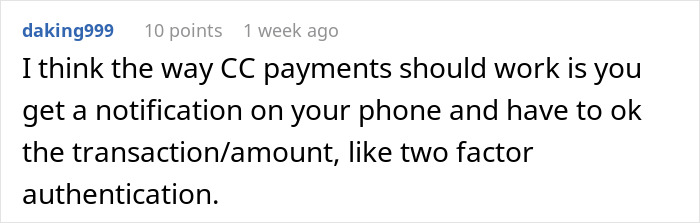 Comment discussing credit card payments and transaction authentication.