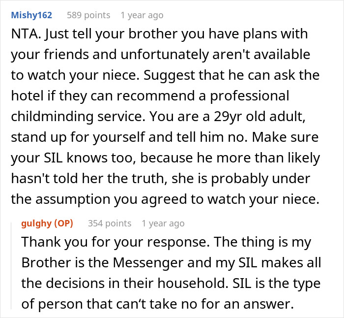 Reddit comments discussing family dynamics during a vacation and babysitting arrangement. Reddit comments discussing family dynamics during a vacation and babysitting arrangement.