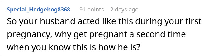 Comment questioning the decision to have a second pregnancy given past husband behavior.