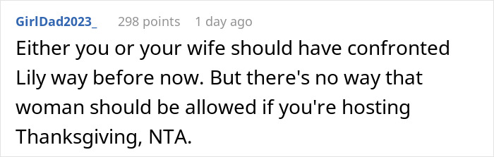 Reddit comment criticizing rudeness and discussing hosting Thanksgiving.