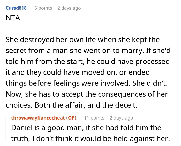 Reddit thread discussing the consequences of deceit and affairs, highlighting an exposed past.