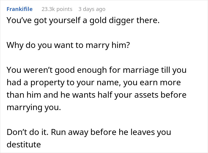 Text screenshot discussing a woman refusing to share house ownership with fianc&eacute;.