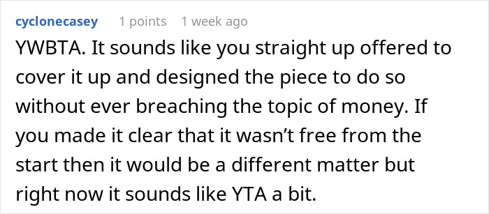 Text comment discussing a situation involving covering a tattoo without mentioning costs.