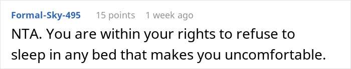 Reddit comment discussing a woman's feelings about her boyfriend's uncomfortable bed.