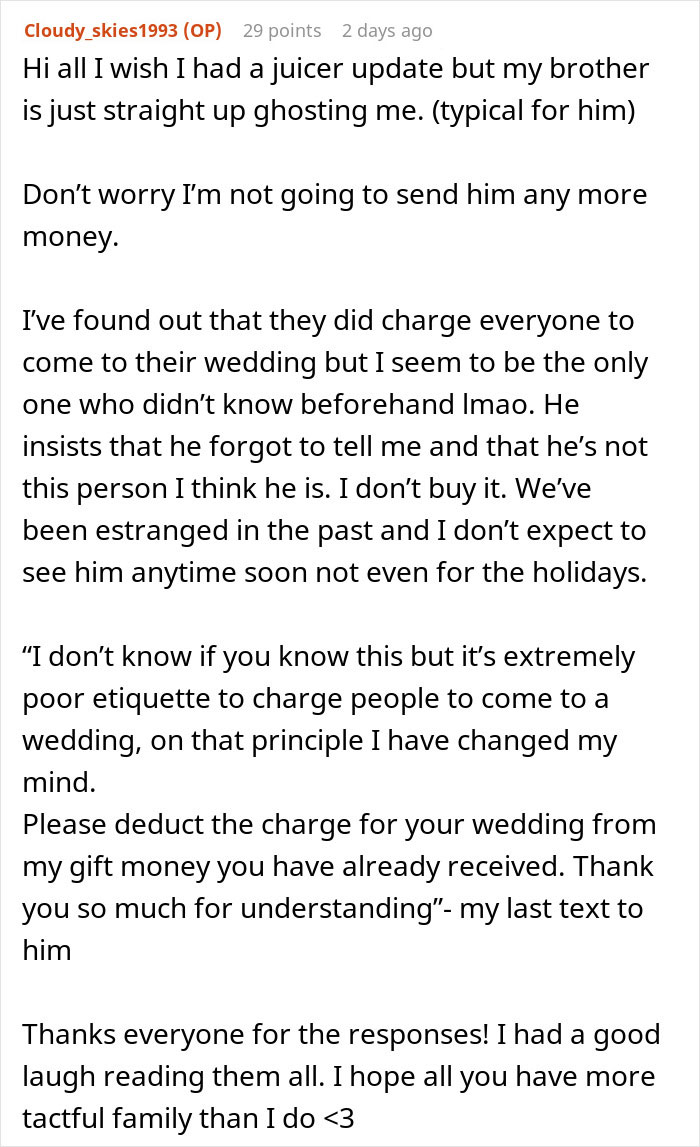 Text message expressing surprise at being charged $115 for attending a brother&rsquo;s wedding weeks later.