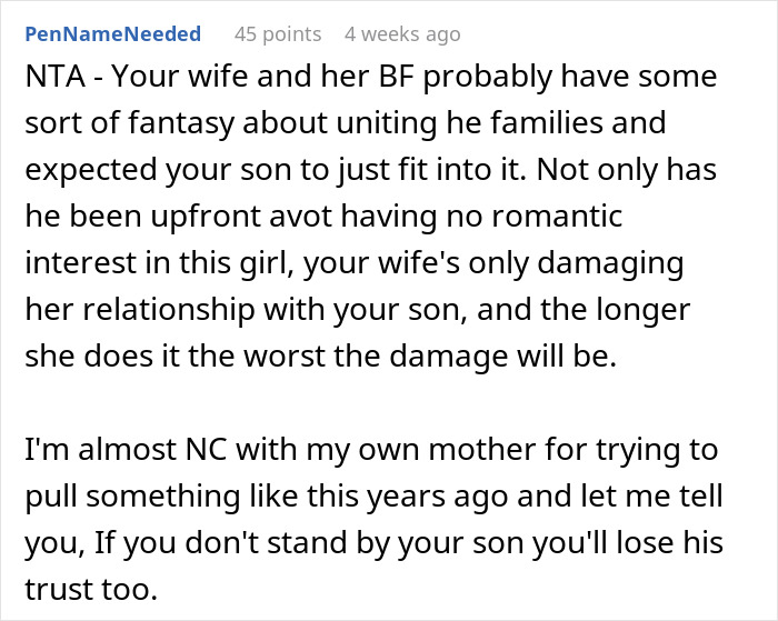 Text discussion on family dynamics, supporting a son's choice against arranged companionship, emphasizes parental support.
