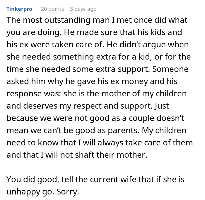 Text supporting husband's choice to give money to ex for children's wellbeing.