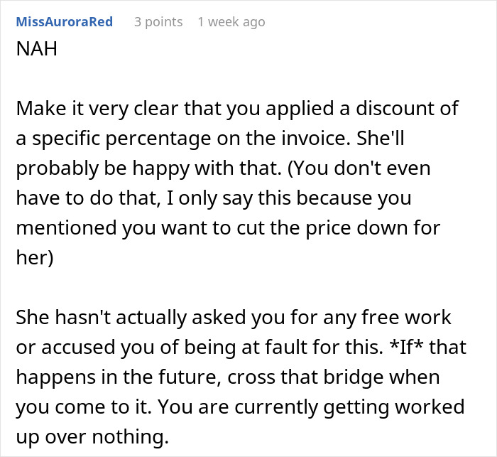 Text commentary about applying a discount and not worrying over being at fault; relates to first tattoo meme mishap.