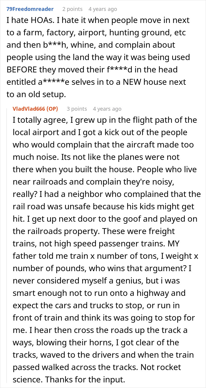 Reddit comment about HOA complaints and land use conflicts.