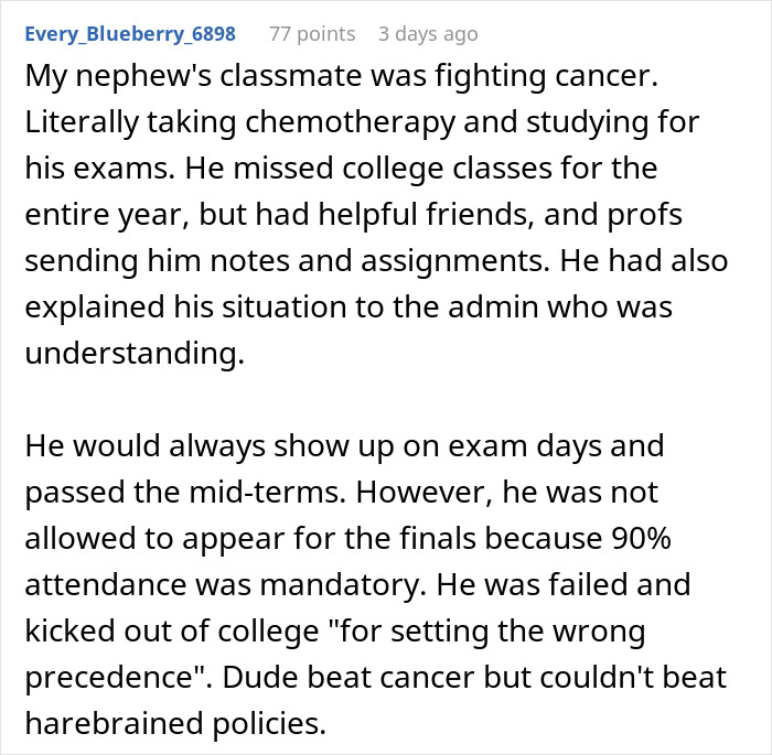 College student overcomes challenges with cancer, facing strict professor and policies for missing classes, yet succeeds.
