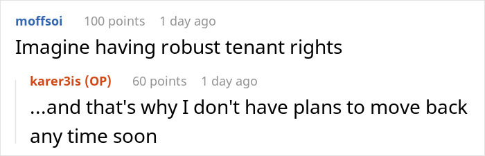 Two Reddit comments discussing tenant rights and lease agreements.