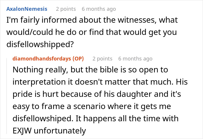 Screenshot of a conversation discussing disinheritance in context of ex-father-in-law and divorce. Screenshot of a conversation discussing disinheritance in context of ex-father-in-law and divorce.