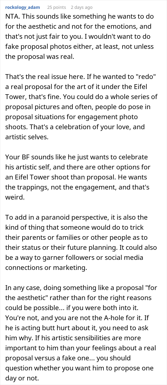 Screenshot of a Reddit comment discussing a fake proposal in Paris for aesthetic reasons instead of emotions. Screenshot of a Reddit comment discussing a fake proposal in Paris for aesthetic reasons instead of emotions.