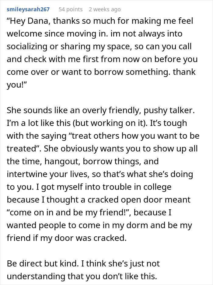 Text conversation about feeling overwhelmed by an overly friendly neighbor, mentioning boundaries and direct communication.
