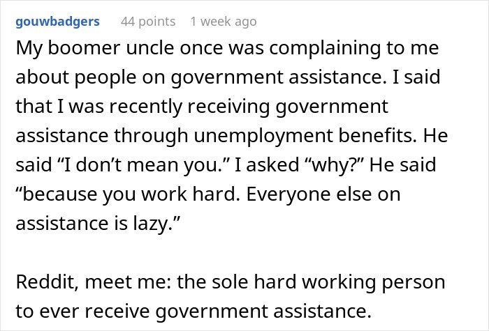 Text conversation discussing boomer's view on government assistance, highlighting opinions on free money and work ethic.