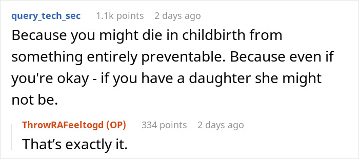 Reddit discussion on family planning and childbirth risks.