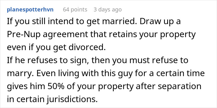 Comment advising on property ownership and prenuptial agreements for a woman with a fianc&eacute; considering marriage.