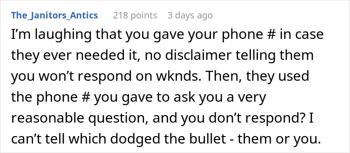Reddit comment discussing being fired before starting due to communication issues on weekends.