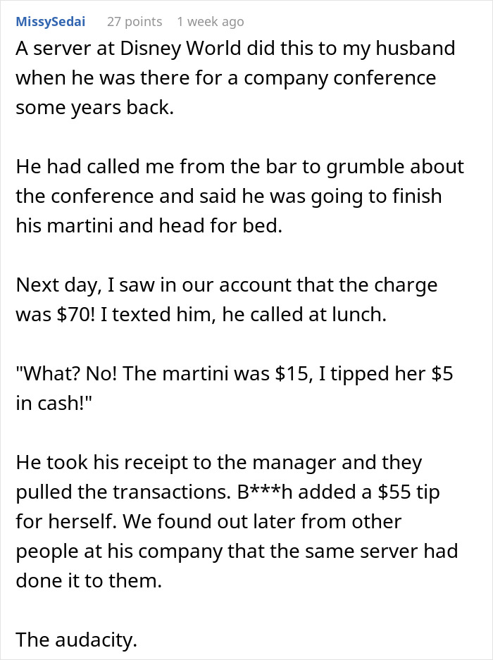 Text describing a server at Disney World giving himself a stealth tip, causing accusations of unauthorized charges.