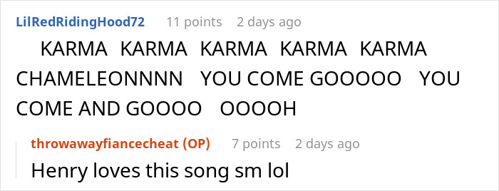 Reddit comment about "Karma Chameleon" and a reply mentioning Henry loving the song, related to a cheating revelation.