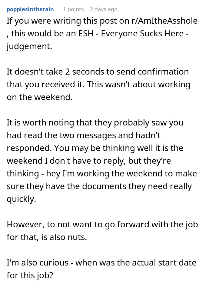 Reddit comment discussing getting fired before starting a job, mentioning weekend communication issues.