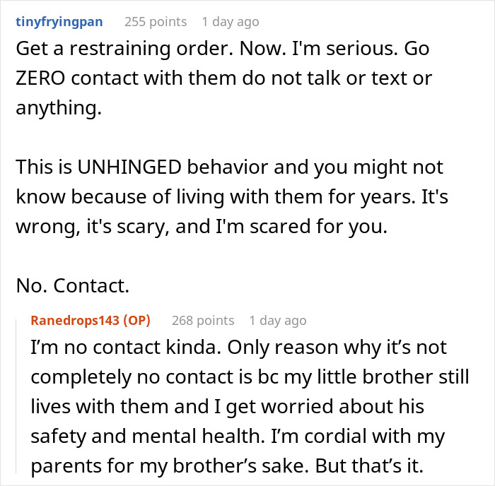 Reddit thread discussing advice on parents stalked date, emphasizing no contact and restraining order suggestions. Reddit thread discussing advice on parents stalked date, emphasizing no contact and restraining order suggestions.