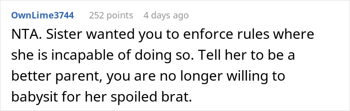 Text comment criticizing lack of parental rule enforcement and refusing to babysit.