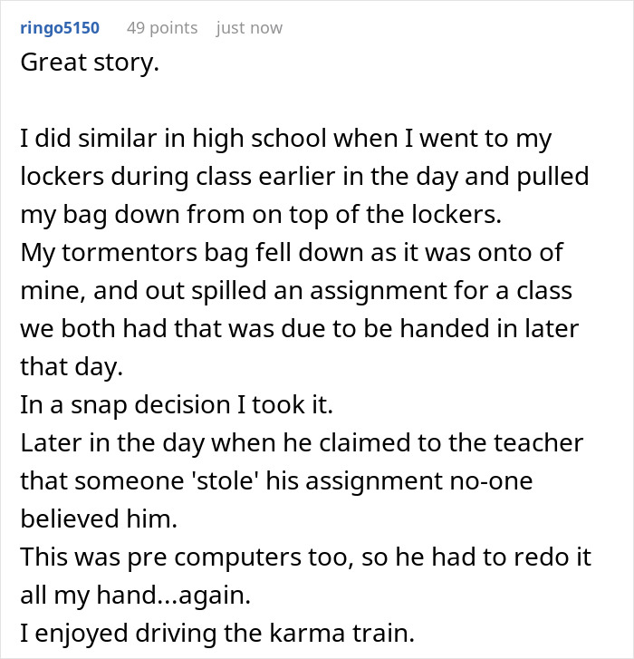 Picked-on teen recounts sabotaging bully's final assignment, causing failure in the course, shared on online forum.