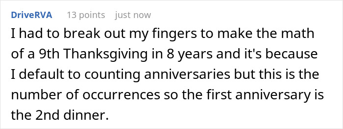 Reddit comment discussing math for 9th Thanksgiving with viral strangers.