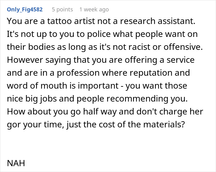 Text details a discussion about tattoo responsibility and artist reputation.