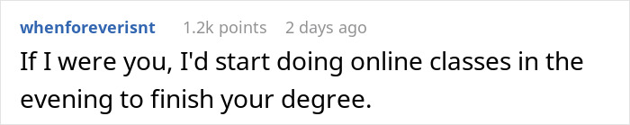 Reddit comment suggesting online classes to complete a degree related to finance job resume lie discussion.