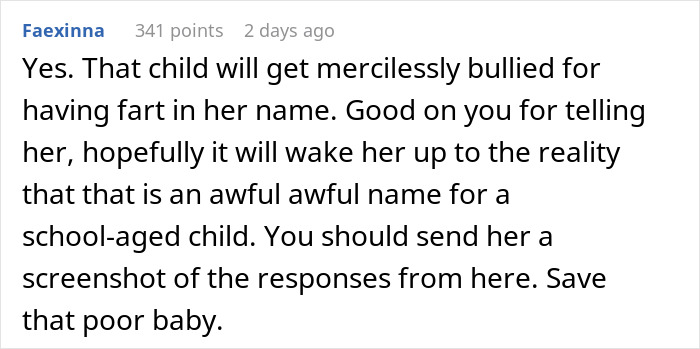 Comment discussing child bullying over unusual name choice. Comment discussing child bullying over unusual name choice.