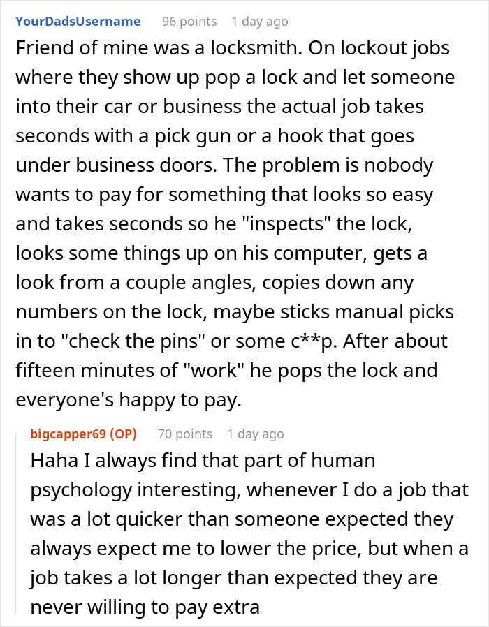 Reddit discussion about locksmith using malicious compliance to satisfy customer expectations by working slower. Reddit discussion about locksmith using malicious compliance to satisfy customer expectations by working slower.