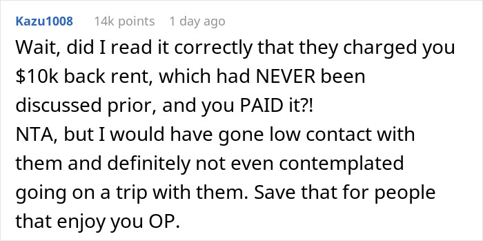 Screenshot of a Reddit comment discussing a woman's decision to cancel a family cruise. Screenshot of a Reddit comment discussing a woman's decision to cancel a family cruise.