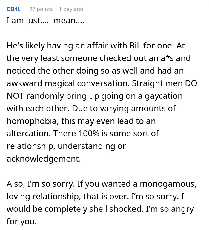 Screenshot of a comment discussing a husband's unusual gaycation request, suggesting an affair.