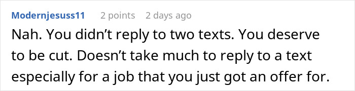 Text message about getting fired before starting a job, with a username and comments visible.