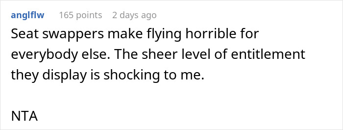 Reddit comment about airplane seat swapping and passenger entitlement with 165 upvotes.