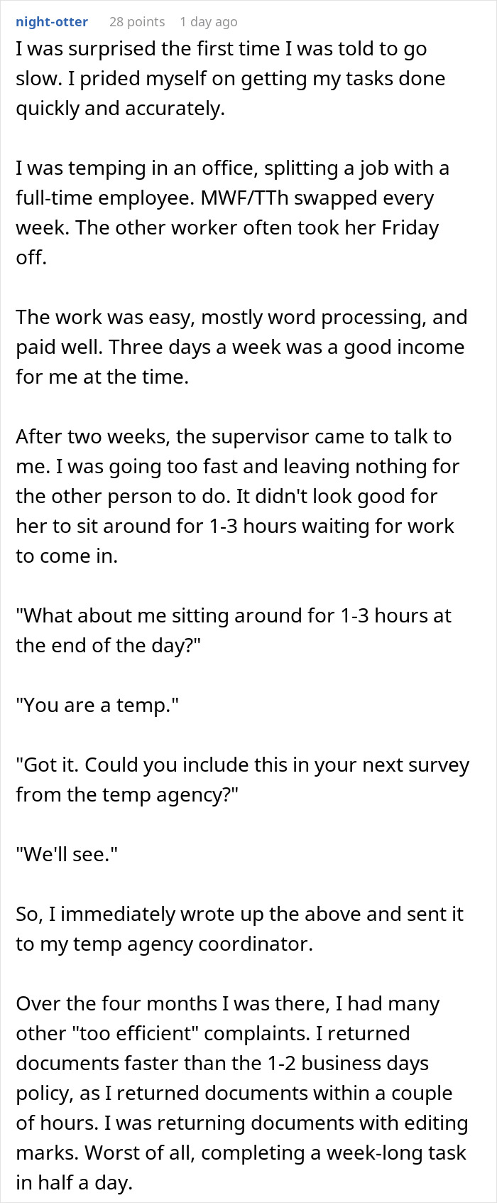 Text screenshot about office worker's experience with "working too fast" and malicious compliance. Text screenshot about office worker's experience with "working too fast" and malicious compliance.