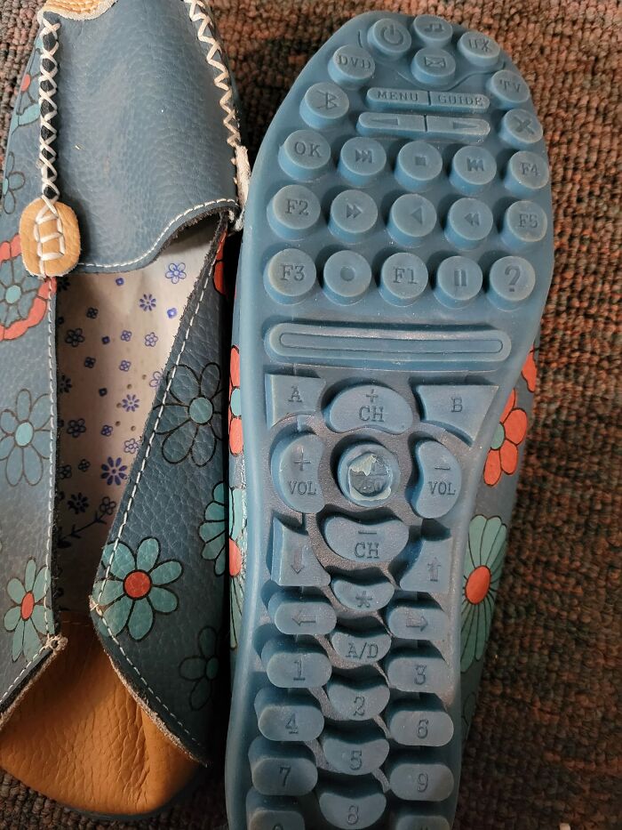 Creative design: Shoes with a remote control button pattern on the sole.