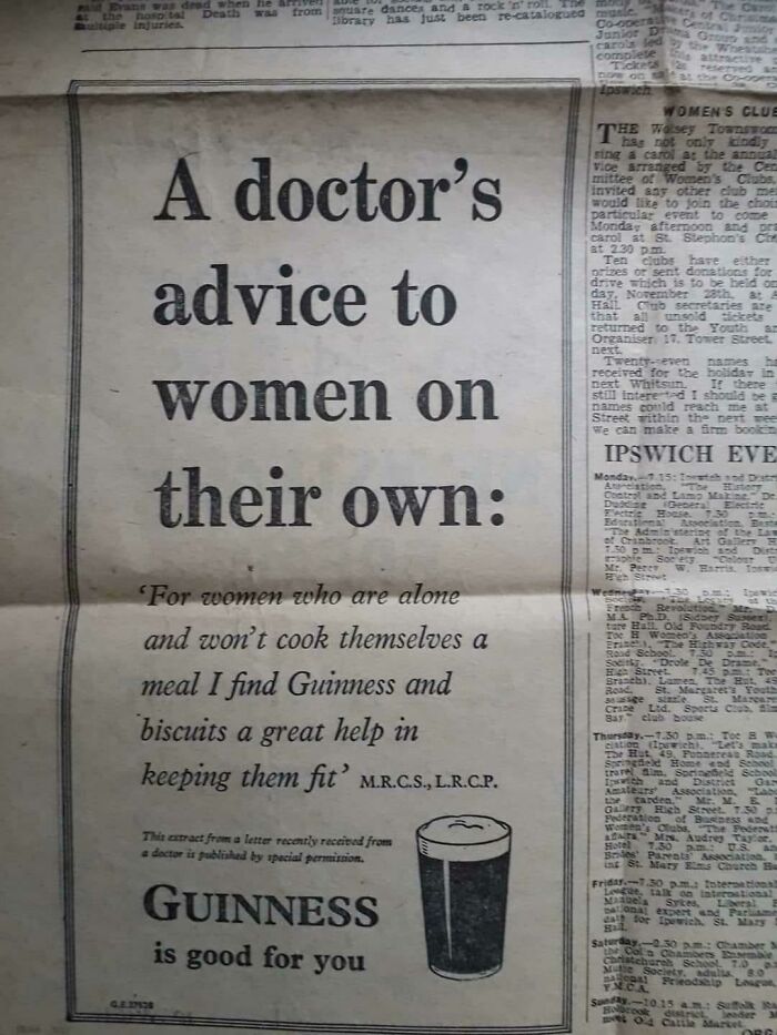 Vintage newspaper ad humorously advising women to stay fit with Guinness in Ireland.