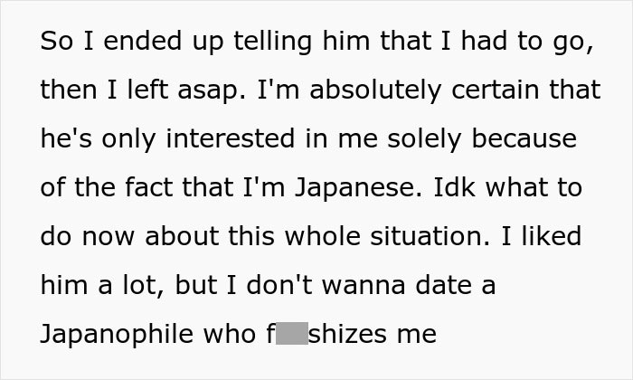 Text about a woman's experience leaving a date due to excessive Japanese culture decoration. Text about a woman's experience leaving a date due to excessive Japanese culture decoration.