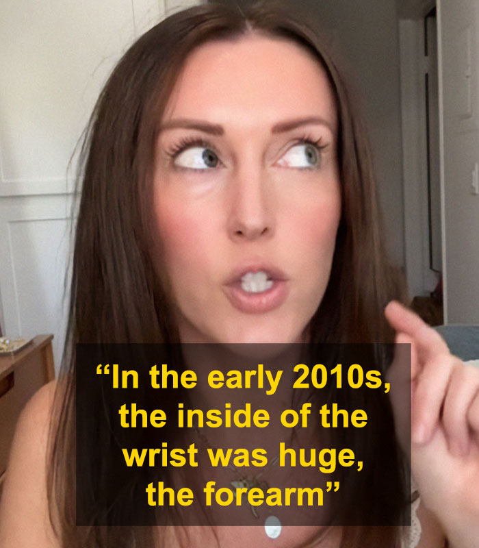 Young woman discussing tattoo trends, emphasizing trends on wrist and forearm in the 2010s.