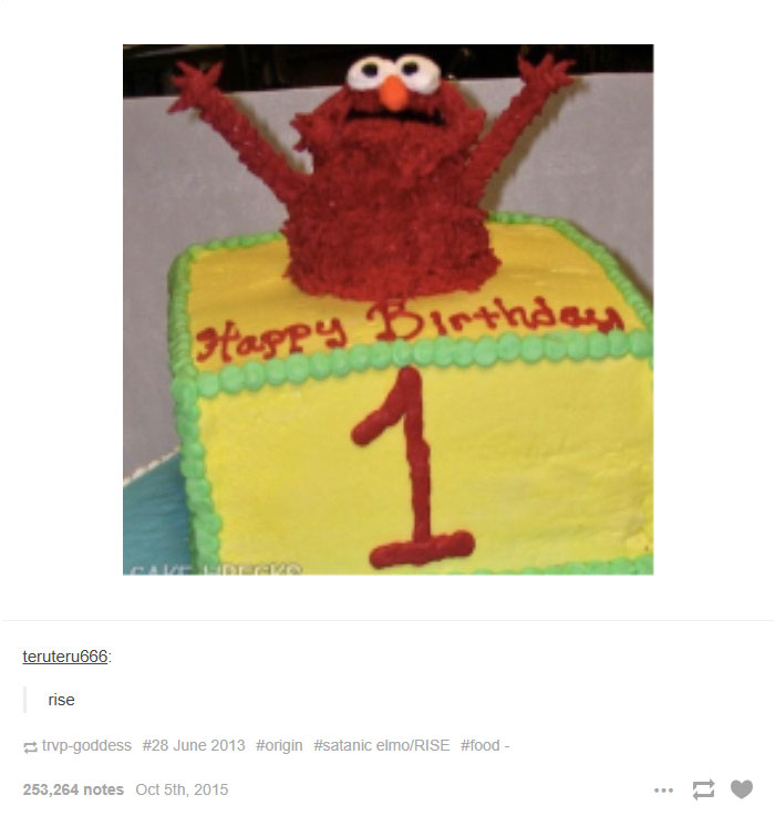 Elmo fire meme cake with Elmo raising arms, caption "rise," and "Happy Birthday" text.