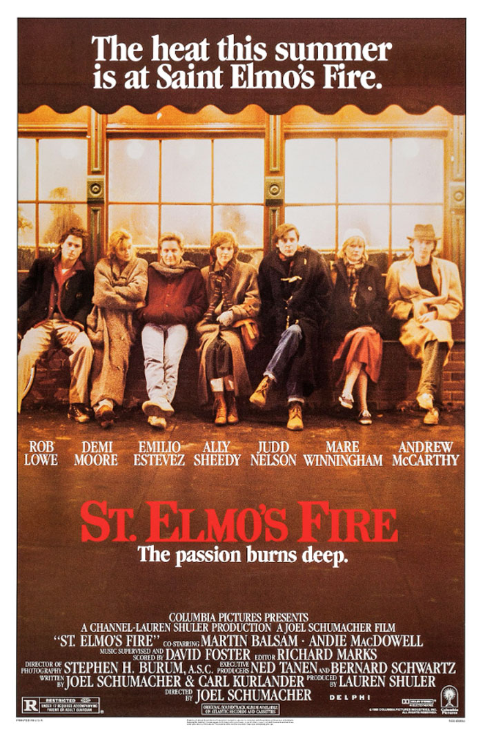 Movie poster for "St. Elmo's Fire" with friends sitting together, summer heat theme text.