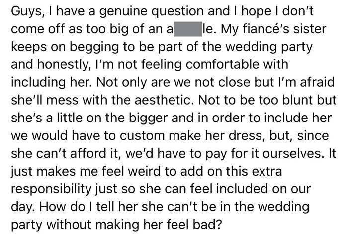 Groom Says Fiancé’s Sister Is Too Fat To Be A Bridesmaid