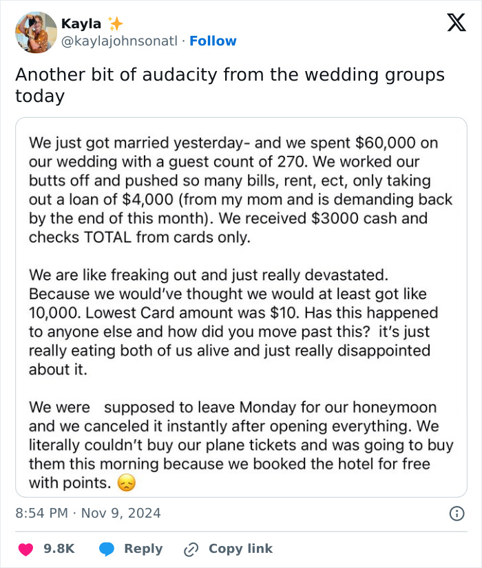 Couple Get $3000 In Gifts From Their $60k Wedding: "We're Freaking Out And Really Devastated"