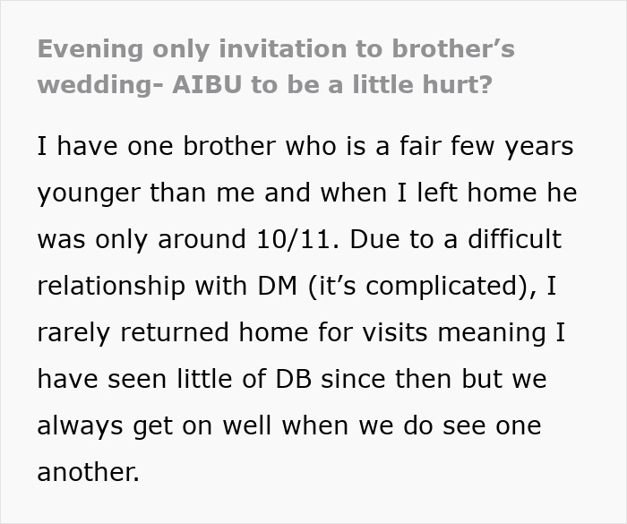 &ldquo;I&rsquo;d Be Hurt Too&rdquo;: Woman Seeks Advice After Getting Evening-Only Invitation To Brother&rsquo;s Wedding