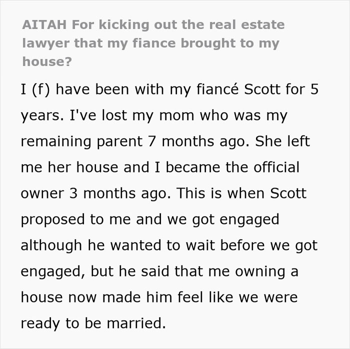 Text recounting a woman's refusal to share house ownership with her fianc&eacute; and his secret consultation with a real estate lawyer.